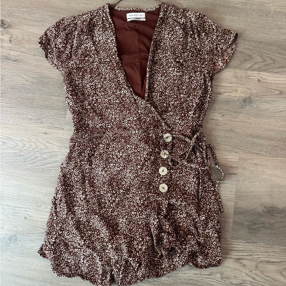 Urban Outfitters Brown and White Ruffled Wrap Sundress
